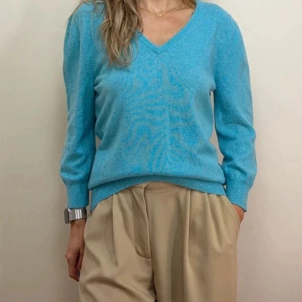 F&F Womens 100% Cashmere V Neck Jumper UK 12-14 Blue Puff Sleeve Knit Sweater