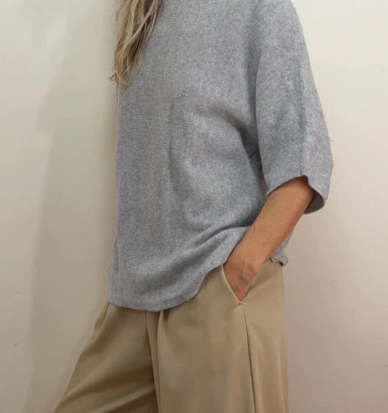 House of Bruar Womens 100% Cashmere Oversized Short Sleeve Jumper UK 8-10 Grey