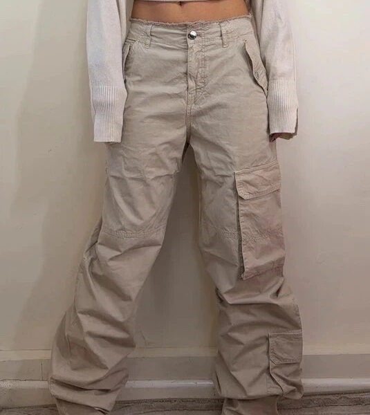 Pinko Womens Cargo Low 9”Rise Trousers UK8-10 W29 L34 Tall Beige Wide Leg Barrel