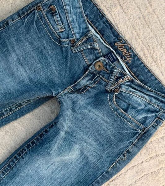 Vanity Womens ultra low 6”rise blue flared jeans W26L31 UK4-6 stitch y2k bootcut