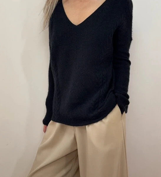 Pure Collection Womens 100% Cashmere V Neck Jumper UK10-12 Black Pointelle Knit