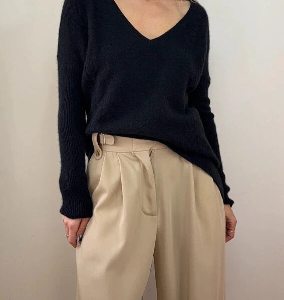 Pure Collection Womens 100% Cashmere V Neck Jumper UK10-12 Black Pointelle Knit