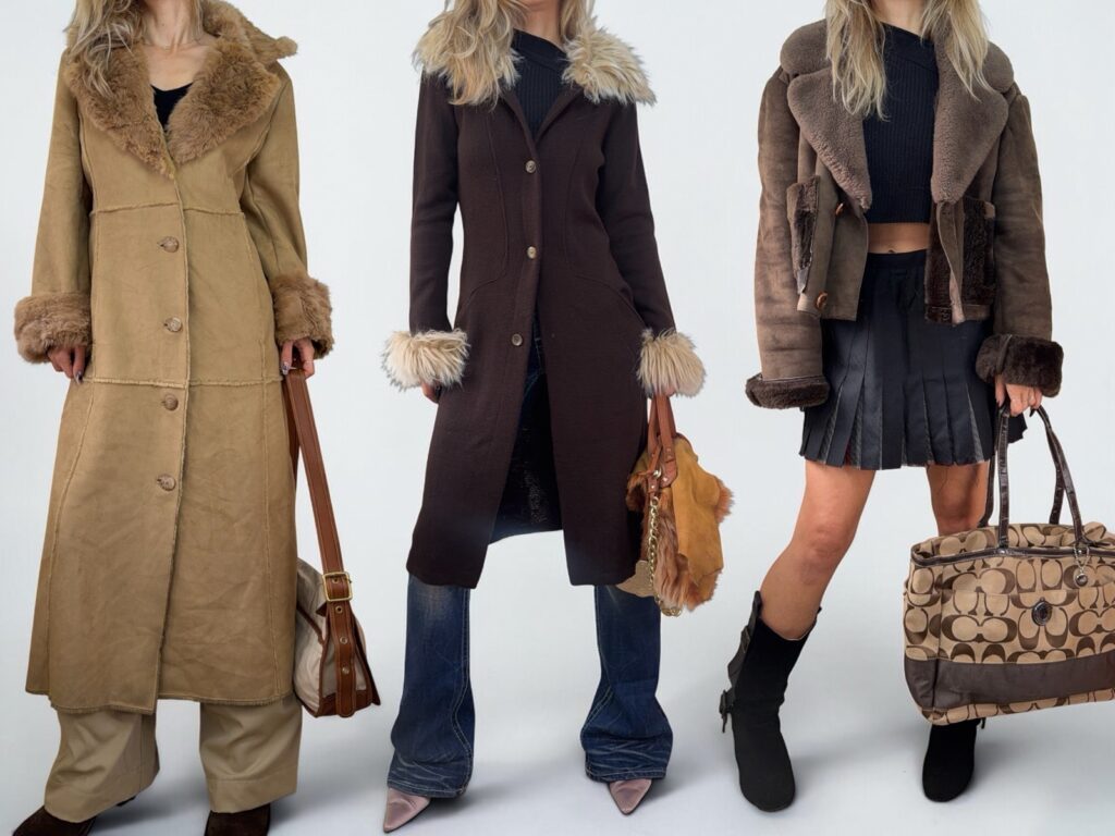 Three looks with shaggy-trimmed coats: a long camel coat with fur collar and cuffs, a brown knit coat with fur cuffs over flared jeans, and a cropped brown shearling jacket with a pleated mini skirt