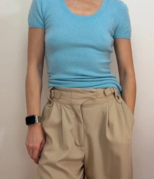 Pure Womens 100% Cashmere Scoop Neck Short Sleeve Knit Fitted Top UK 6-8 Blue