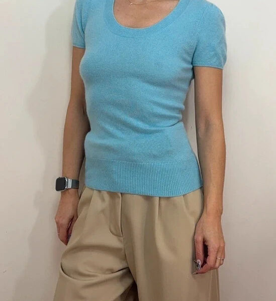 Pure Womens 100% Cashmere Scoop Neck Short Sleeve Knit Fitted Top UK 6-8 Blue