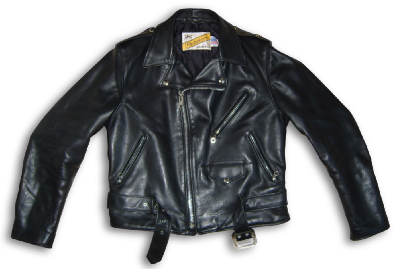 A black Schott Perfecto 613 leather motorcycle jacket with an off-centre zip, snap-down lapels, zipped pockets and a belted hem