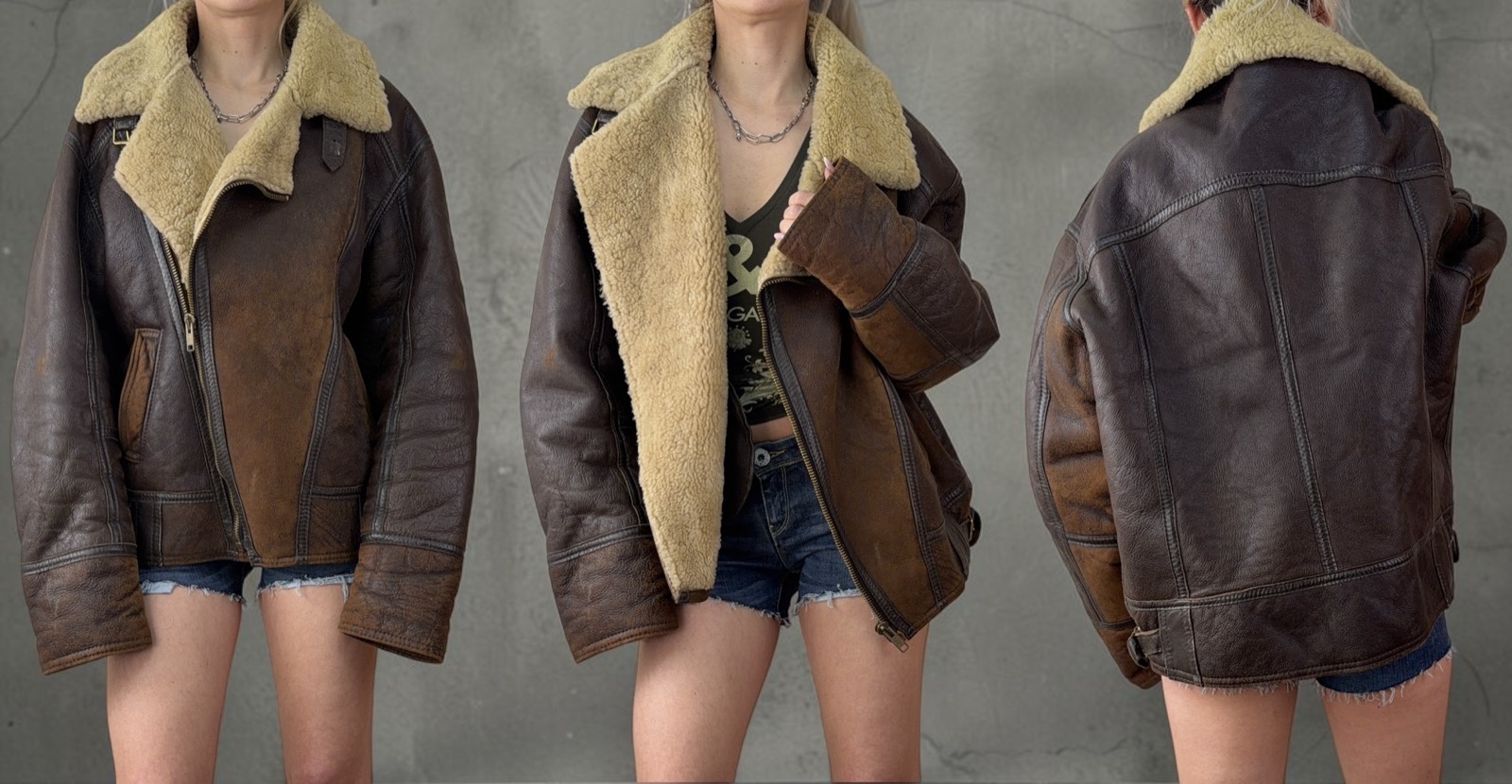A vintage brown sheepskin aviator jacket with a wide cream shearling collar, worn with denim shorts, shown from the front, open and from the back