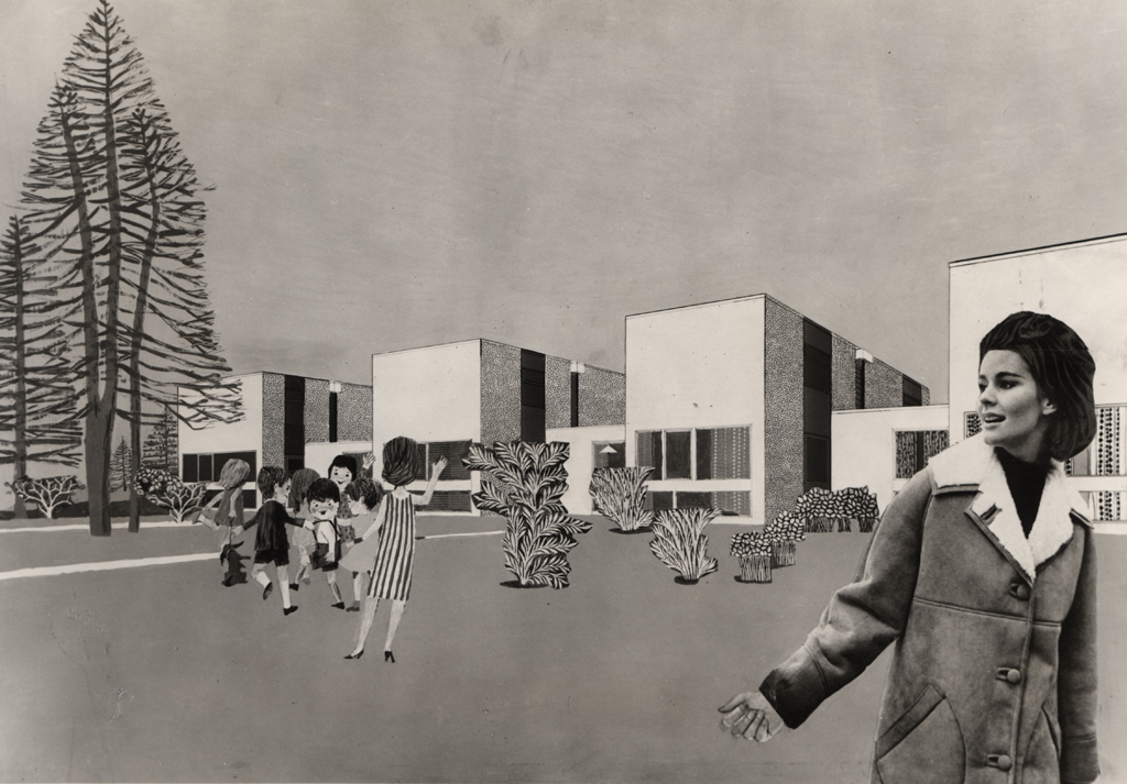 A 1966 black and white image of a woman in a hip-length sheepskin coat with a fleece collar, beside new housing in Newcastle