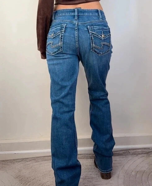 Silver Womens Bootcut Jeans mid 9”rise blue W32L33 UK 14 embroidered flap pocket