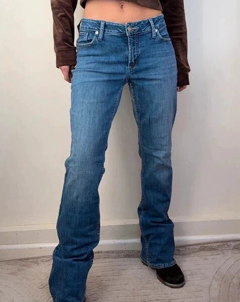 Silver Womens Bootcut Jeans mid 9”rise blue W32L33 UK 14 embroidered flap pocket