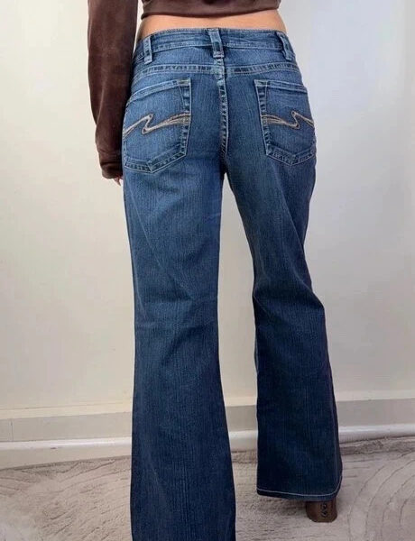 Silver Womens Flare low 8”rise dark jeans W33 L29 UK 12-14 embroidered s stitch