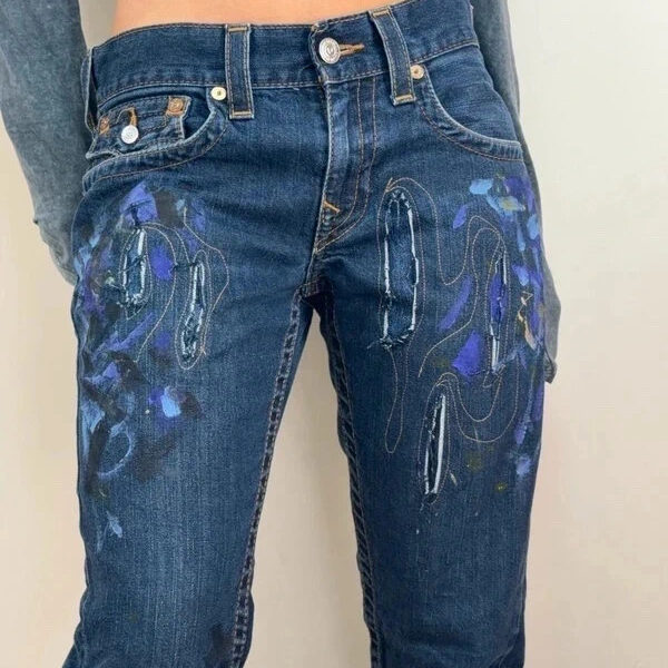 True Religion Womens Custom Hand Painted Bootcut Jeans W29L34 UK 10 Low 8.5”Rise
