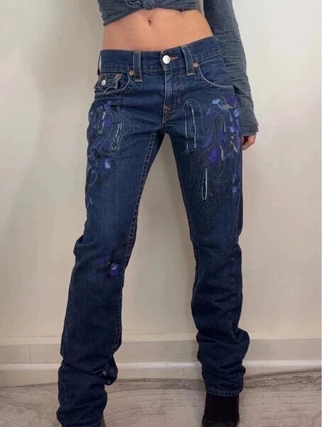 True Religion Womens Custom Hand Painted Bootcut Jeans W29L34 UK 10 Low 8.5”Rise