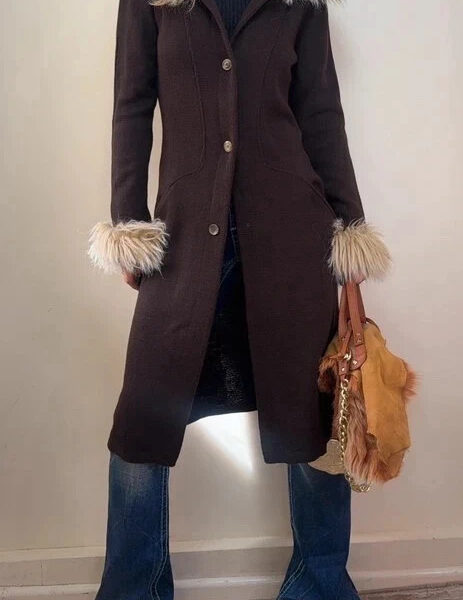 Womens Brown Merino Wool Knit Fitted Coat Fur Penny Lane Afghan Cardigan UK 8-10