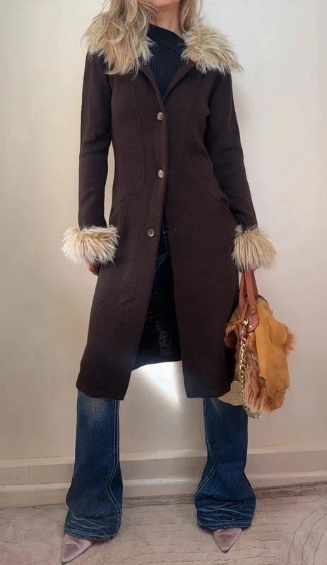 Womens Brown Merino Wool Knit Fitted Coat Fur Penny Lane Afghan Cardigan UK 8-10 Women's Brown Merino Wool Knit Fitted Coat Fur Penny Lane Afghan Cardigan