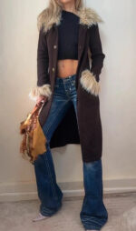 Women's Brown Merino Wool Knit Fitted Coat Fur Penny Lane Afghan Cardigan — photo 2 of 15