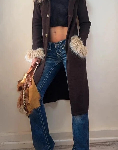 Womens Brown Merino Wool Knit Fitted Coat Fur Penny Lane Afghan Cardigan UK 8-10