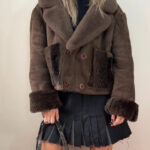 Womens Shearling Sheepskin Fur Cropped Chunky Aviator Jacket UK12/14 Brown Suede