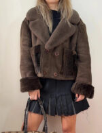 Women's Shearling Sheepskin Fur Cropped Chunky Aviator Jacket