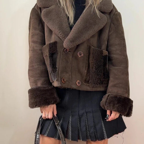 Womens Shearling Sheepskin Fur Cropped Chunky Aviator Jacket UK12/14 Brown Suede