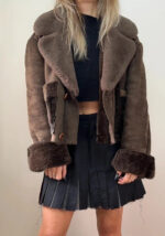 Women's Shearling Sheepskin Fur Cropped Chunky Aviator Jacket — photo 2 of 15