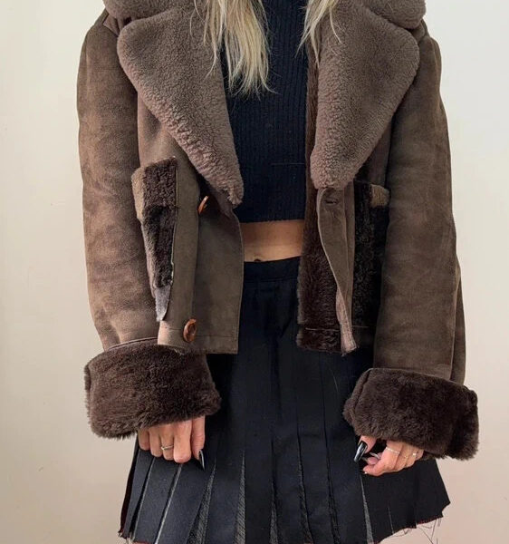 Womens Shearling Sheepskin Fur Cropped Chunky Aviator Jacket UK12/14 Brown Suede