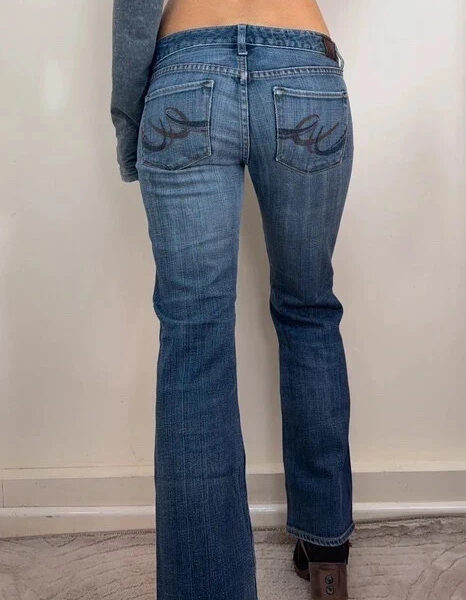 X2 Y2K Low 7.5”Rise Bootcut Flare Jeans UK 8 Short W31 L29.5 Swirl Pocket Stitch