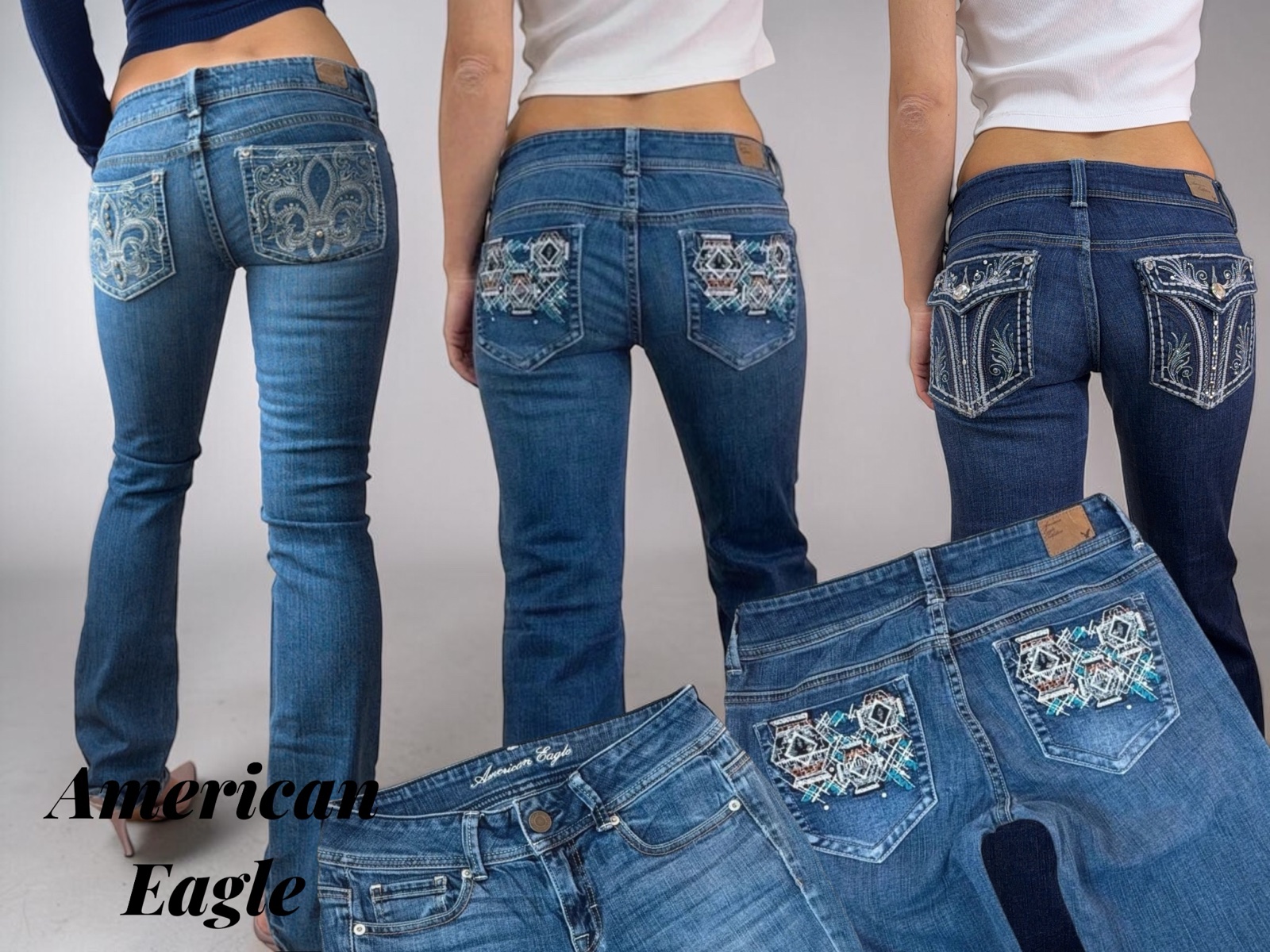 American Eagle low rise jeans with embroidered and rhinestone back pockets, three pairs worn from the back