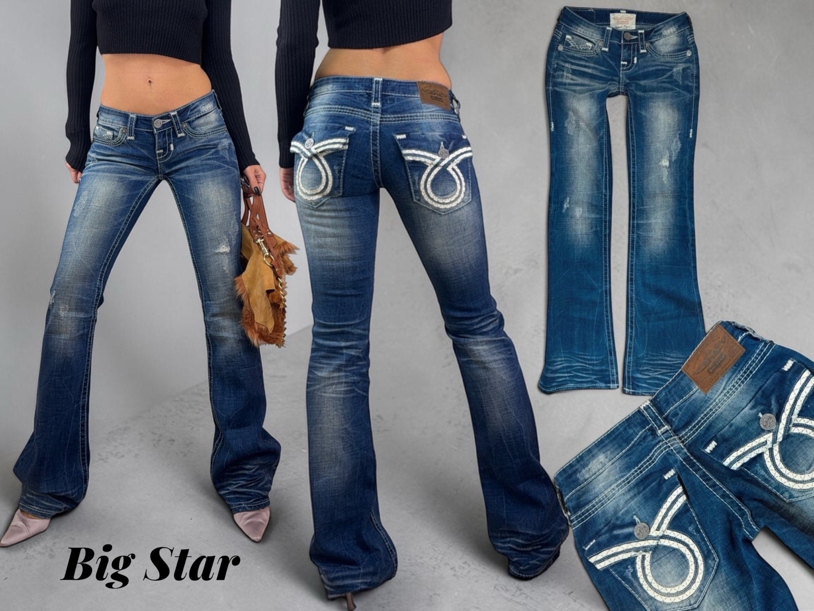Big Star low rise flare jeans with white stitched loop back pockets, worn from the front and the back