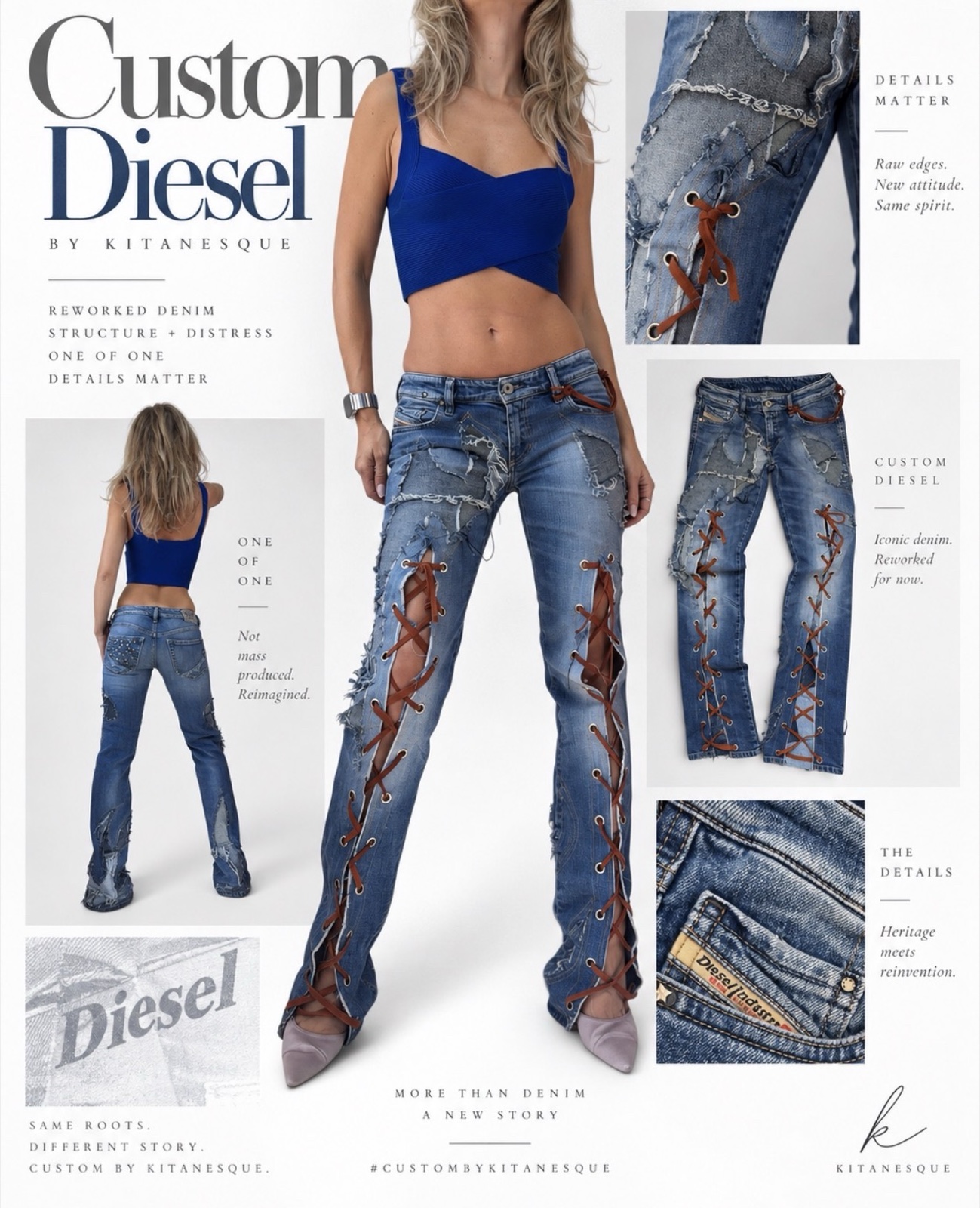Custom Diesel low rise jeans by Kitanesque worn with a blue crop top, front and back, with close-ups of the lacing and label