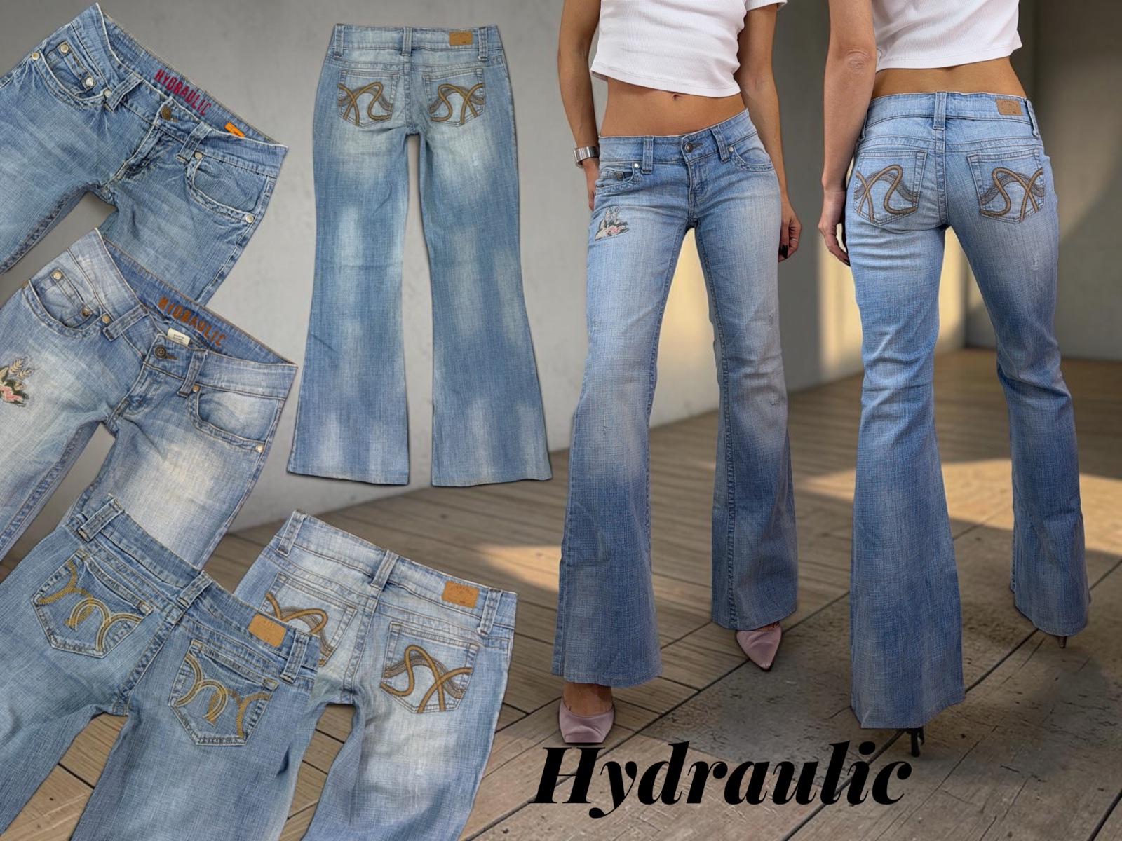 Hydraulic light wash low rise flare jeans with embroidered back pockets, laid flat and worn