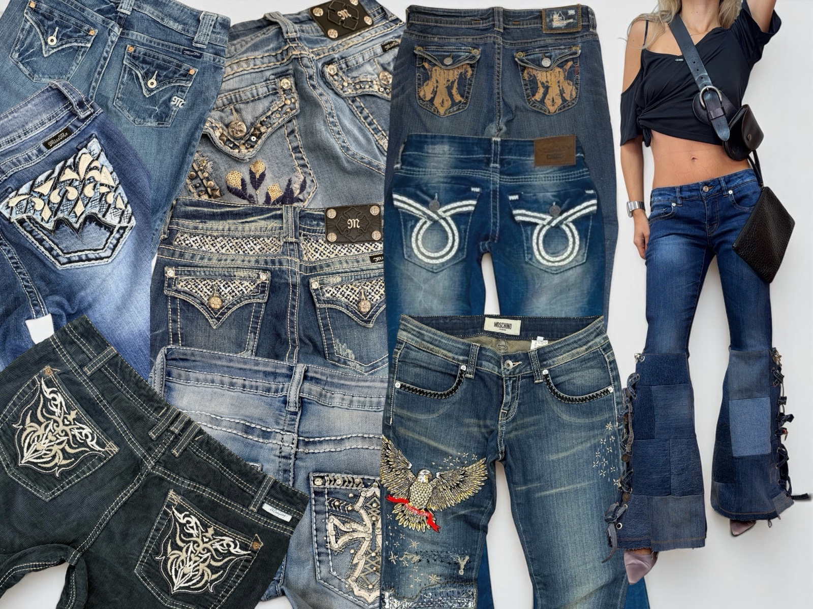 Y2K low rise jeans from several brands laid out to show their back pockets, with a pair of patchwork flares worn with a black crop top