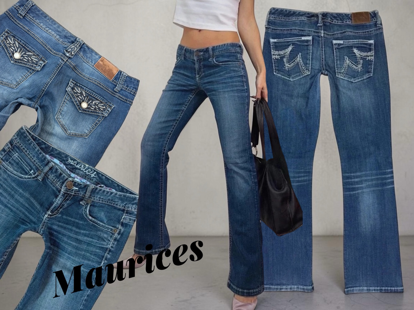 Maurices low rise bootcut jeans with studded and embroidered back pockets, laid flat and worn