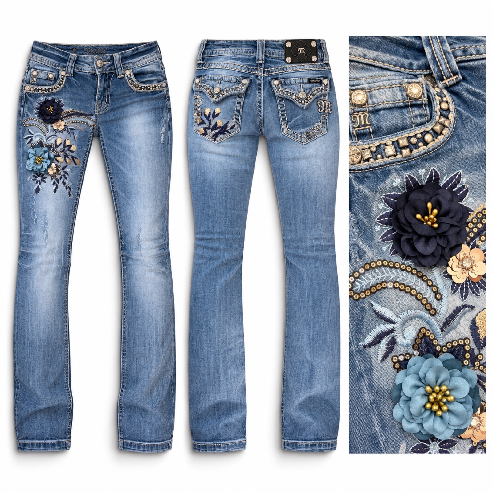Custom Miss Me bootcut jeans front, back and a close-up of the 3D embroidered flowers and studded waistband
