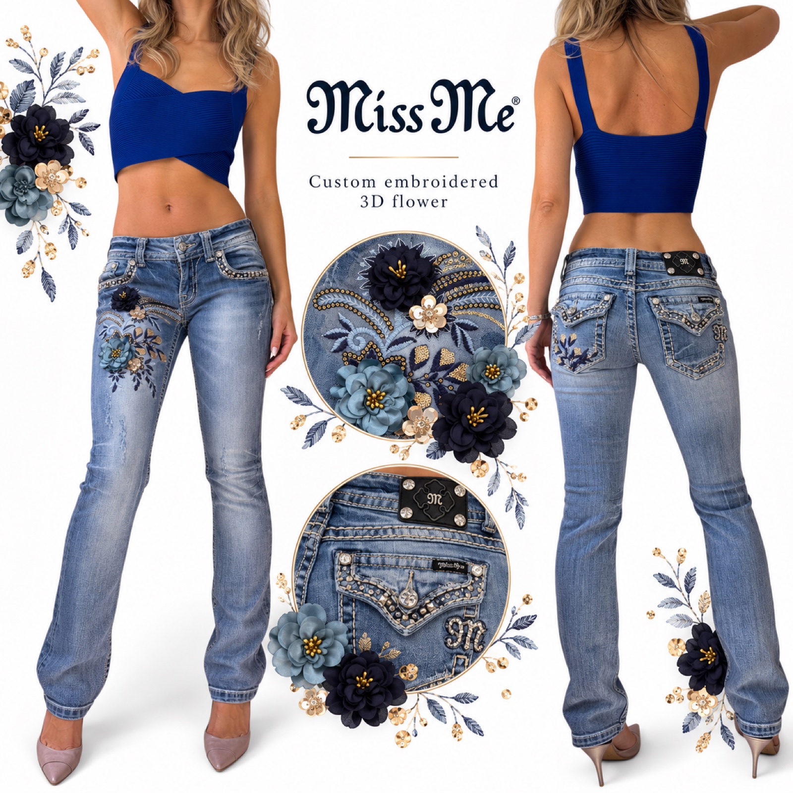 Custom Miss Me low rise bootcut jeans with hand-added 3D embroidered flowers, worn from the front and the back