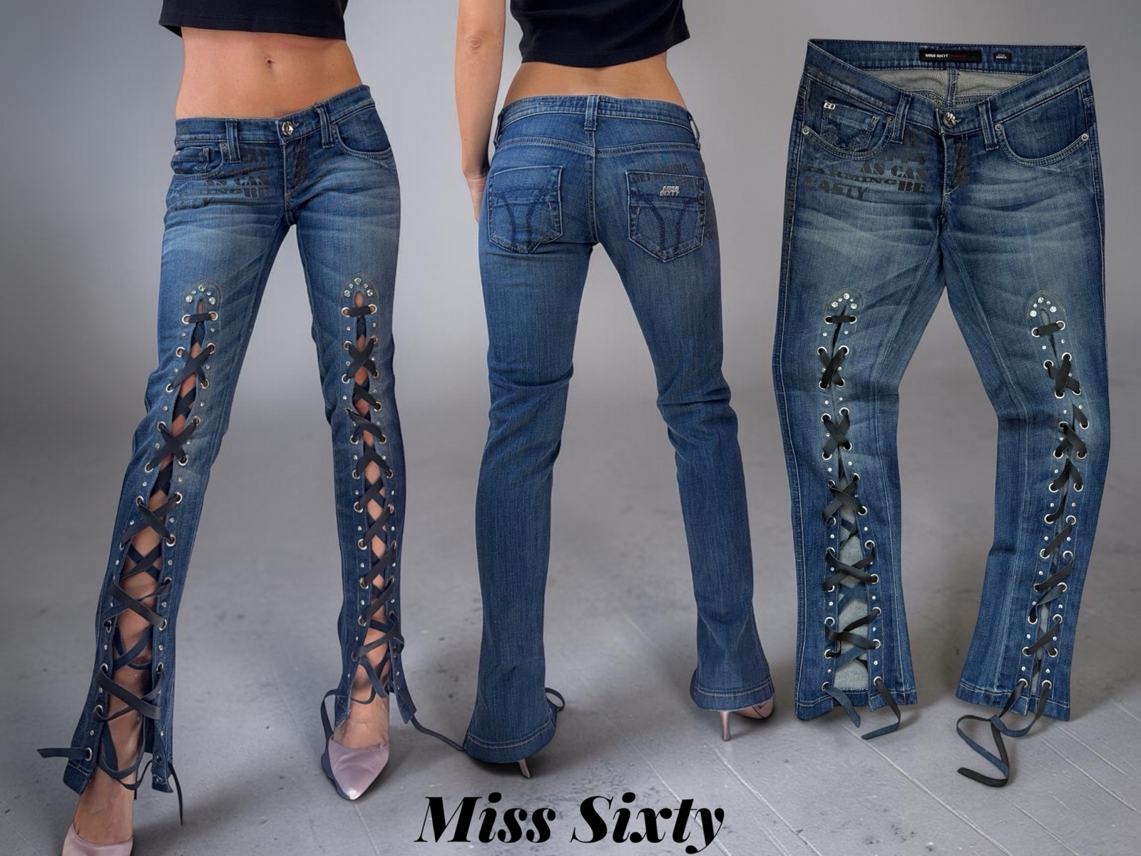 Miss Sixty low rise jeans laced up the front of the leg with black ribbon, worn from the front and the back and laid flat