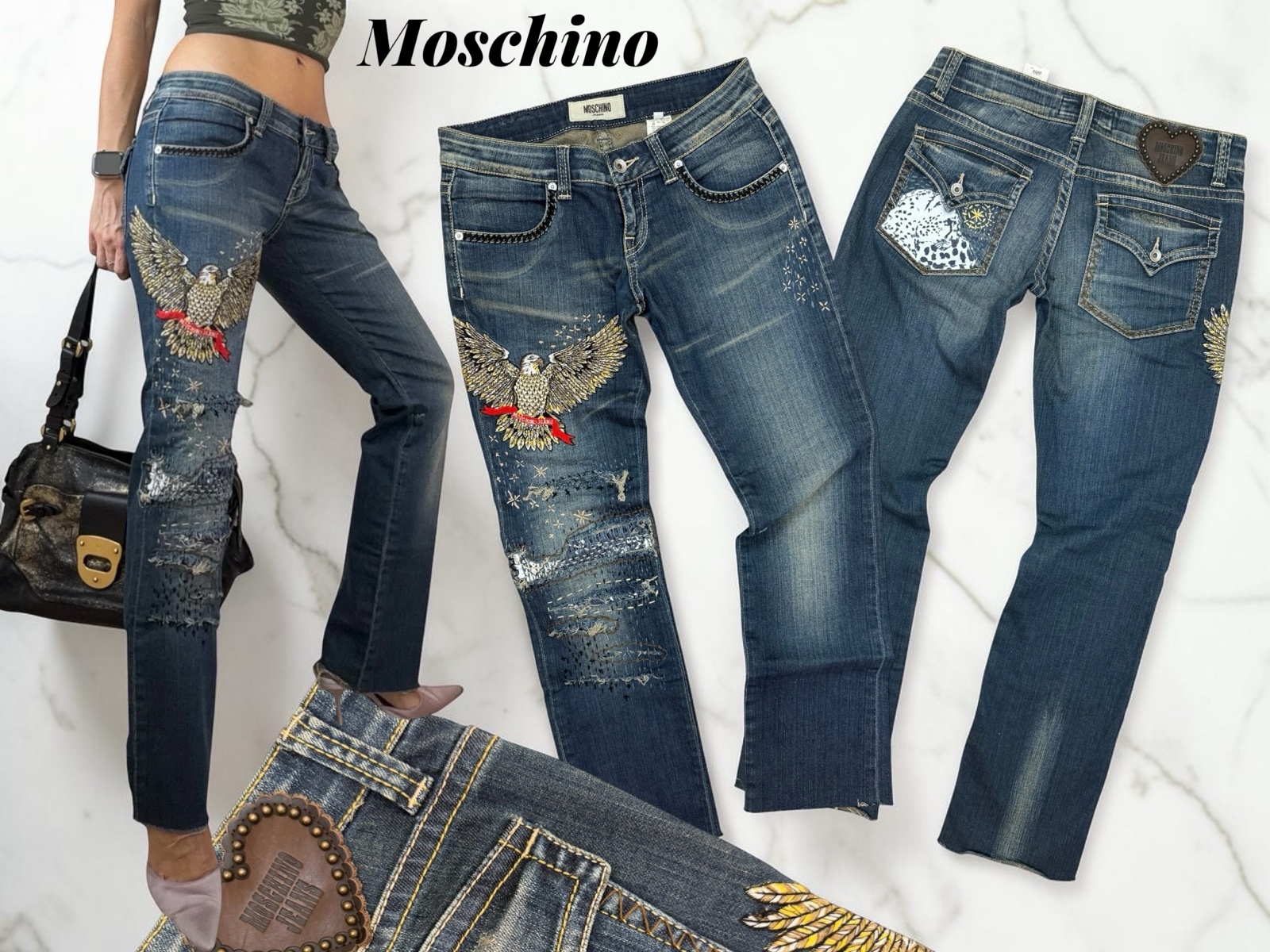 Moschino low rise jeans with an embroidered eagle on the leg and a heart patch on the back pocket, worn and laid flat