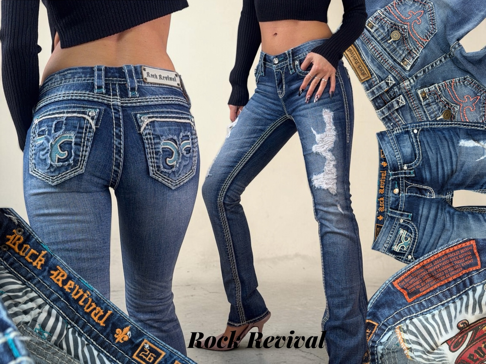 Rock Revival low rise bootcut jeans with fleur-de-lis flap pockets and heavy contrast stitching, worn and in detail