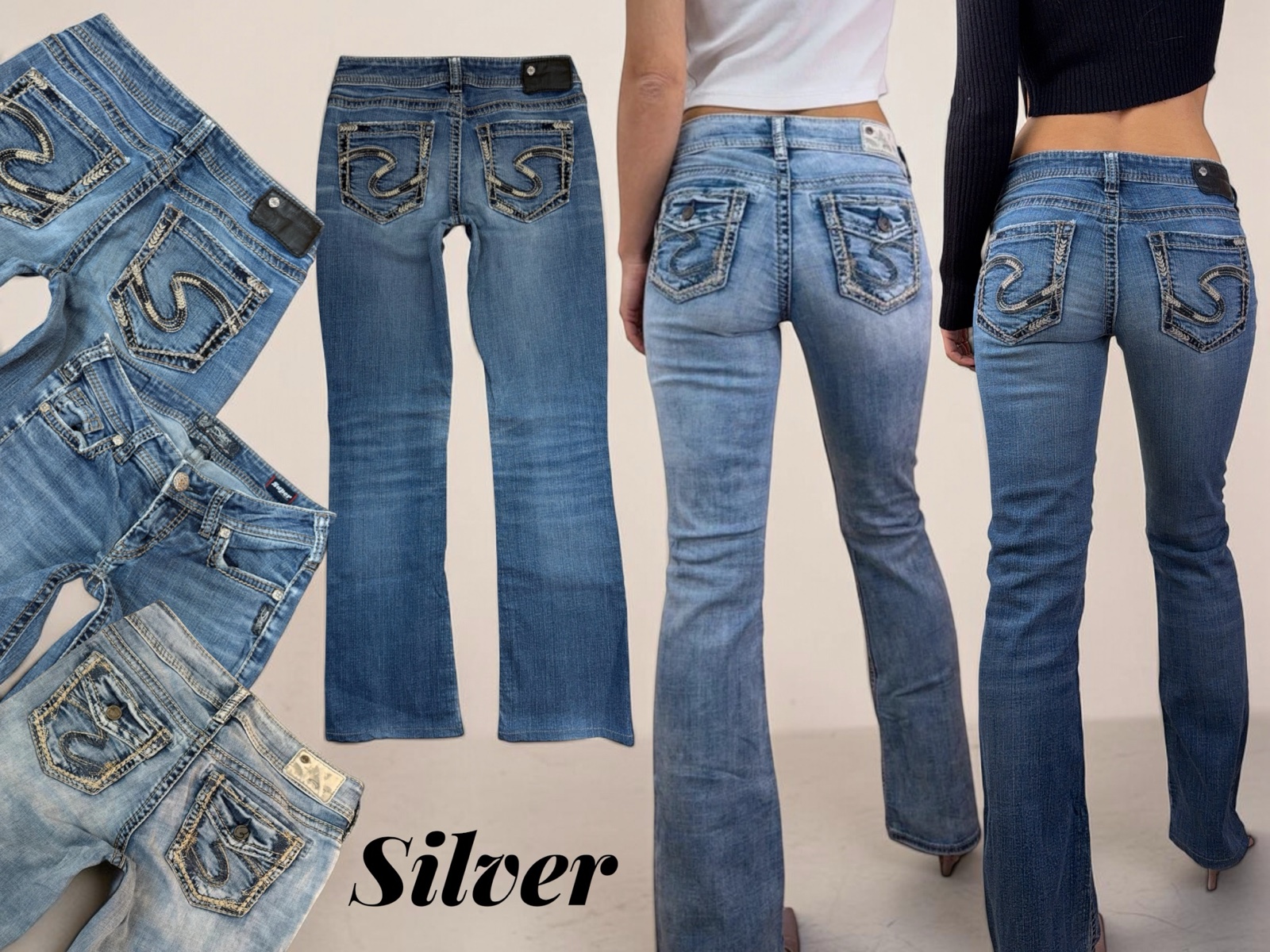 Silver low rise jeans with embroidered back pockets, laid flat and worn from the back