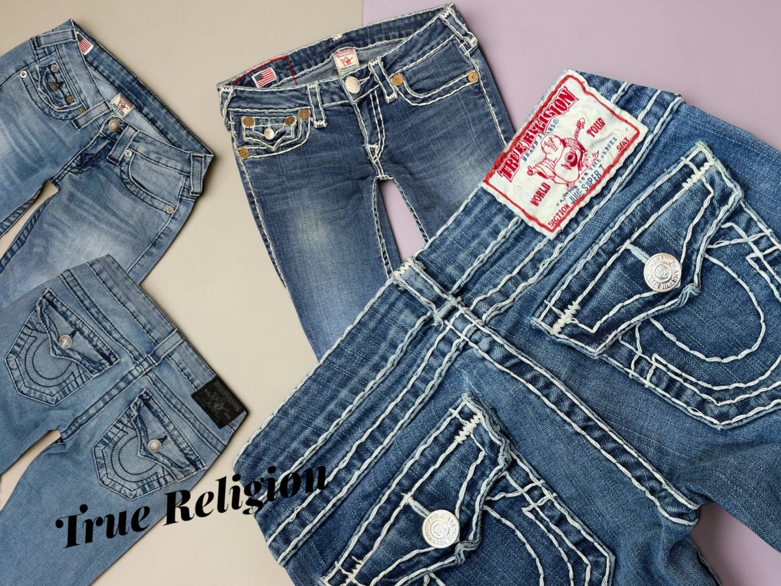 Several pairs of True Religion jeans showing the horseshoe stitched back pockets and the red brand patch