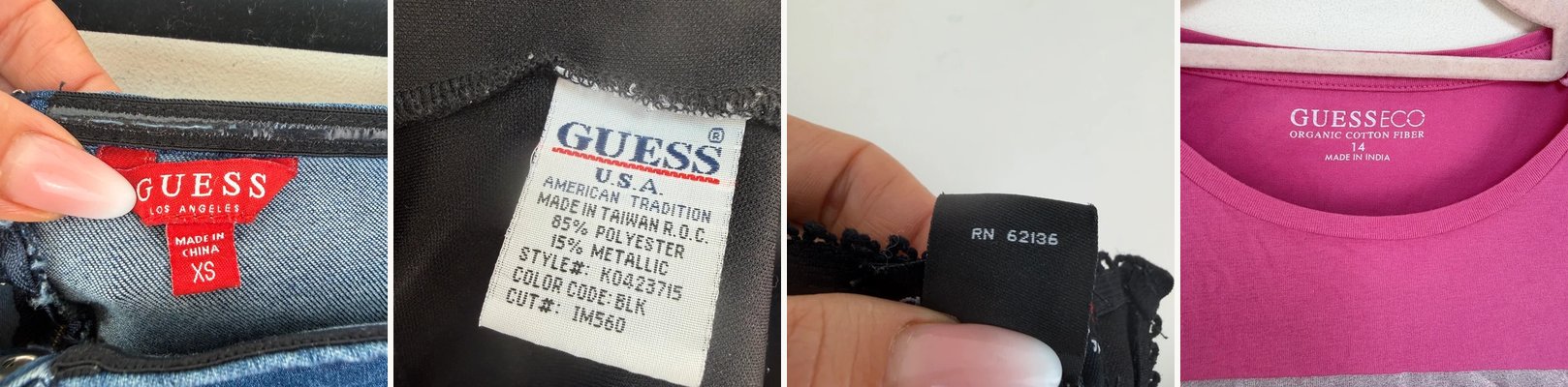 Guess labels and tags photographed on pieces sold at Kitanesque