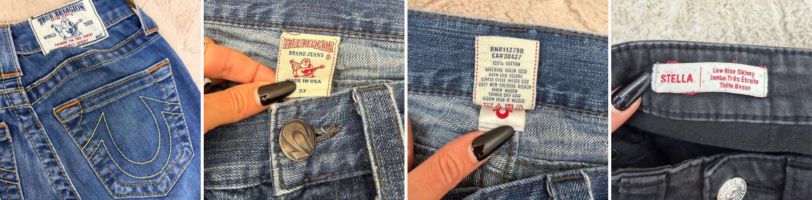 True Religion labels and tags photographed on pieces sold at Kitanesque